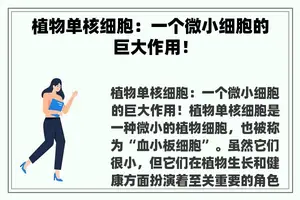植物单核细胞：一个微小细胞的巨大作用！
