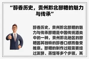 “醇香历史，贵州黔北醪糟的魅力与传承”