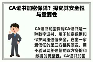 CA证书加密保障？探究其安全性与重要性