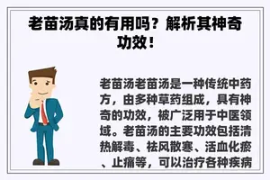 老苗汤真的有用吗？解析其神奇功效！