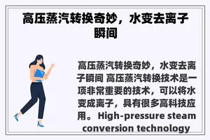 高压蒸汽转换奇妙，水变去离子瞬间