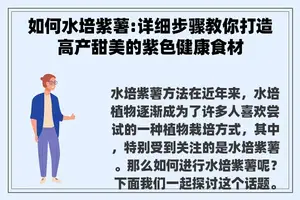 如何水培紫薯:详细步骤教你打造高产甜美的紫色健康食材