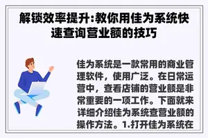 解锁效率提升:教你用佳为系统快速查询营业额的技巧