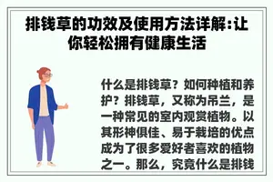 排钱草的功效及使用方法详解:让你轻松拥有健康生活