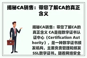 揭秘CA销售：带您了解CA的真正含义