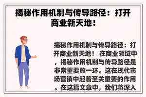 揭秘作用机制与传导路径：打开商业新天地！