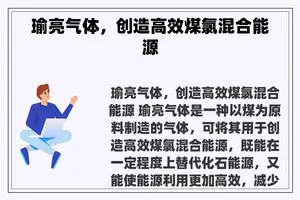 瑜亮气体，创造高效煤氯混合能源